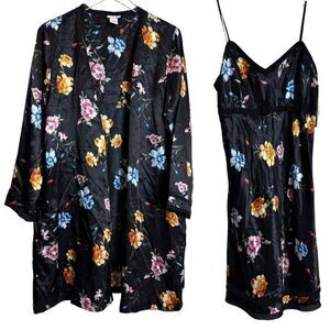 Kim Rogers Black Satin Floral Slip Dress Nightgown & Matching Robe Small NEW